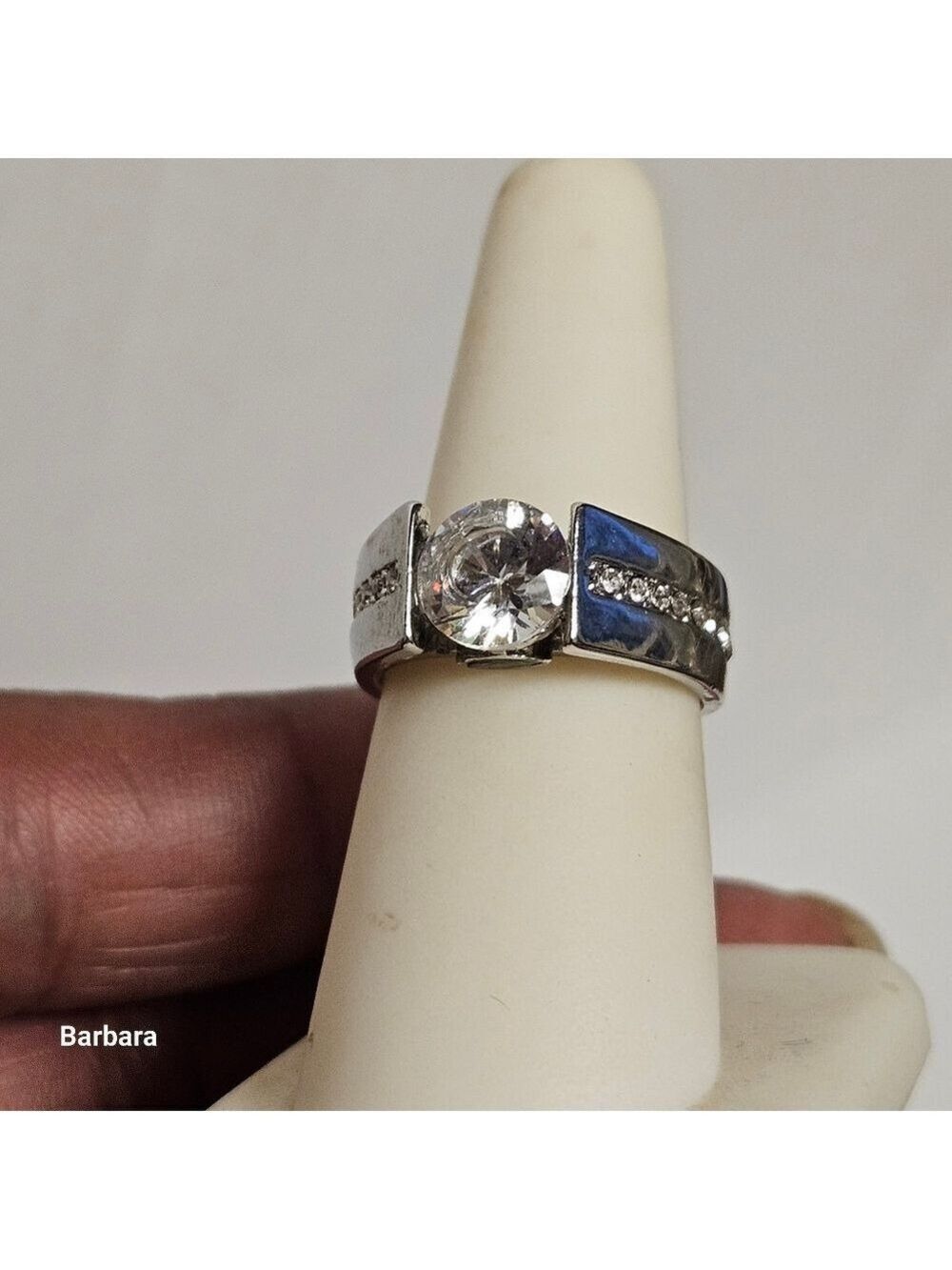 Wide Band Silver-tone Round Zircon Solitaire with Accent Side Crystals, Size 7